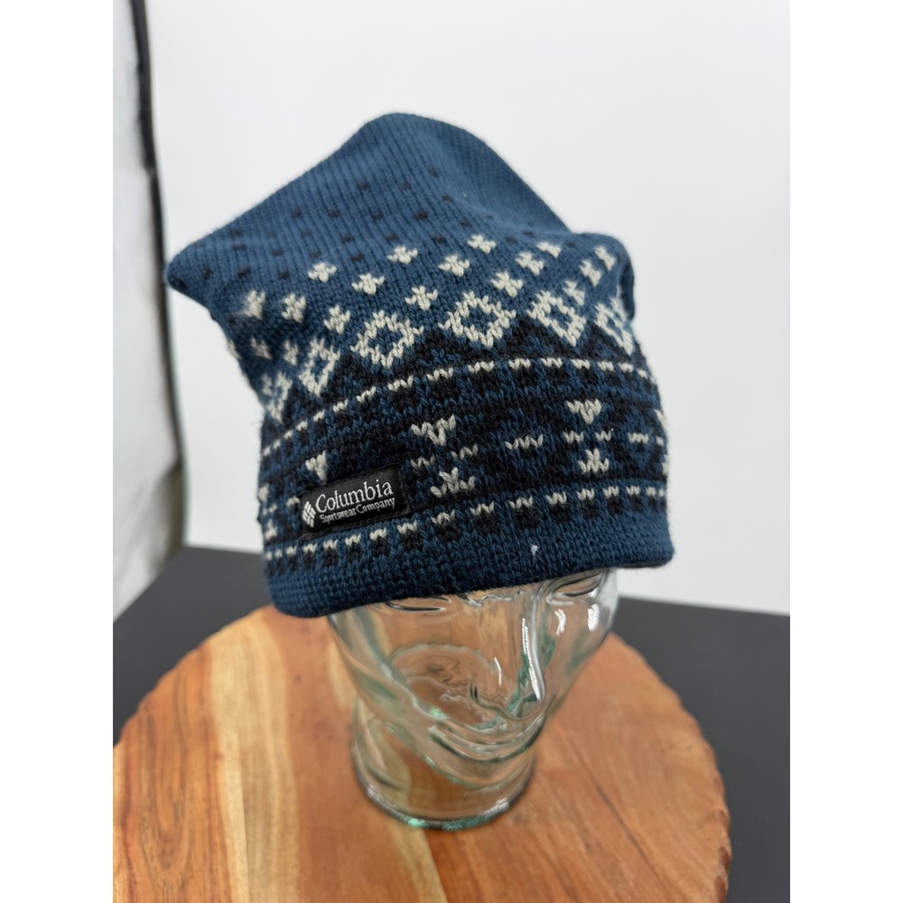 Columbia Fair Isle Knit Beanie Men OSFA Blue Wool Fleece Lined Made in Canada